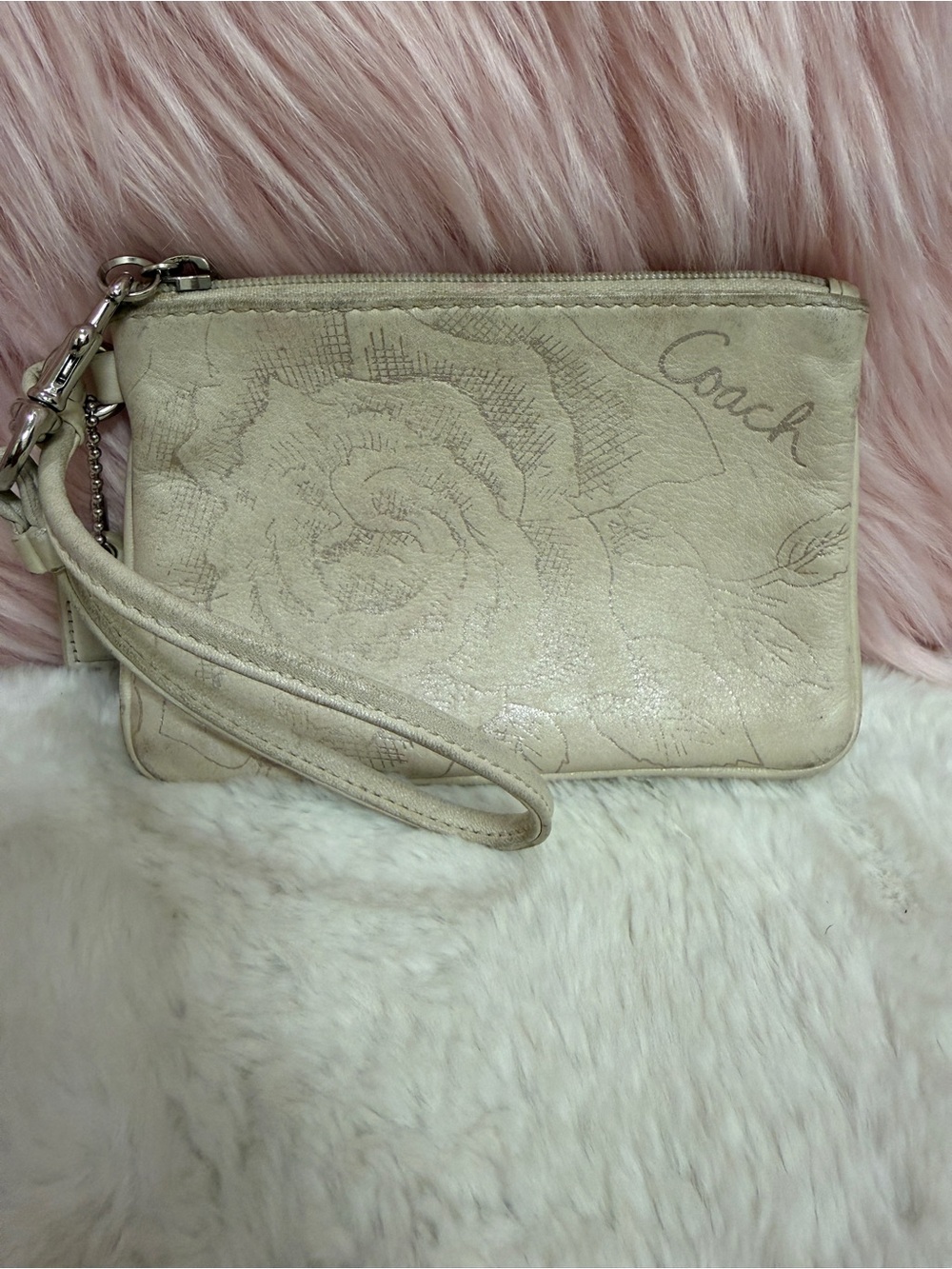Coach Cream Floral Embossed Leather Wristlet
